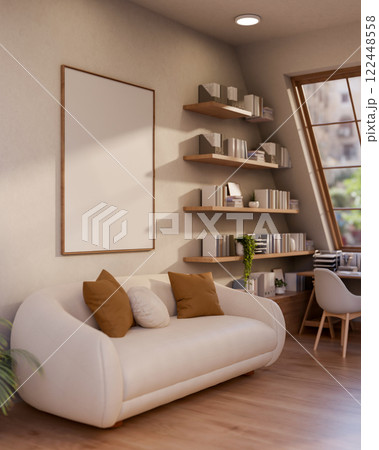 A cozy Scandinavian-style living room features sleek minimalist decor items. A cozy Scandinavian-style living room features sleek minimalist decor items. 122448558