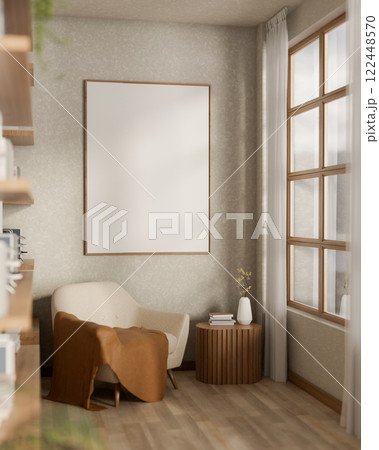 A cosy Scandinavia living room or relaxation corner features a cosy armchair by the window and decor A cosy Scandinavia living room or relaxation corner features a cosy armchair by the window and decor 122448570