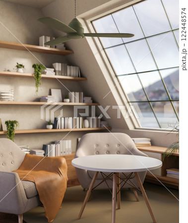 A contemporary relaxation corner features modern armchairs and a table by a large starlight window. 122448574
