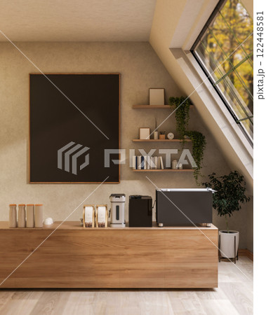 A cozy coffee shop features a wooden counter with appliances and an empty blackboard on the wall. A cozy coffee shop features a wooden counter with appliances and an empty blackboard on the wall. 122448581