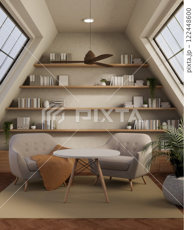 Contemporary Scandinavian living room creating a warm, welcoming atmosphere with earthy brown tones. 122448600