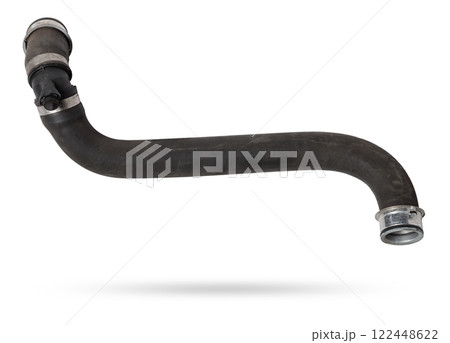 Black rubber hose of the car engine cooling system on a white isolated background in a photo studio for replacement during repair or for a catalog of spare parts for sale on auto disassembly. Black rubber hose of the car engine cooling system on a white isolated background in a photo studio for replacement during repair or for a catalog of spare parts for sale on auto disassembly. 122448622