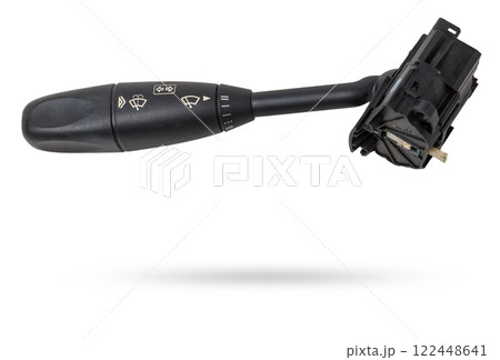 Steering wheel switches for windshield wipers and turn signals with steering angle sensor disassembled on a white isolated background, spare part for car repair or for sale at junk yard. Steering wheel switches for windshield wipers and turn signals with steering angle sensor disassembled on a white isolated background, spare part for car repair or for sale at junk yard. 122448641