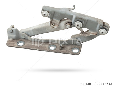 Pair of hinges for attaching the hood or trunk of the car on a white isolated background. Auto parts for catalog and repair of vehicles. Pair of hinges for attaching the hood or trunk of the car on a white isolated background. Auto parts for catalog and repair of vehicles. 122448648