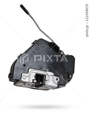 Detail of a car spare part made of black plastic and metal - door lock separately isolated on a white background. Repair in a car workshop, equipment for sale. 122448659