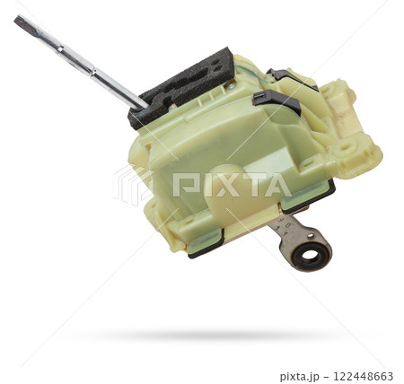 Spare part on a white isolated background for sale at an auto-parsing or replacement in a car service center - Automatic transmission selector gear lever with plastic elements Spare part on a white isolated background for sale at an auto-parsing or replacement in a car service center - Automatic transmission selector gear lever with plastic elements 122448663