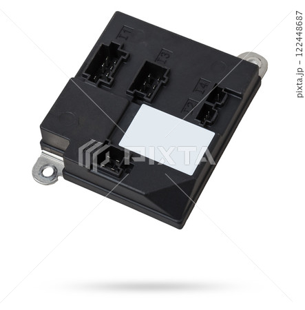 Metallic car engine control unit with plastic elements soaring on a white isolated background is connecting center of various subsystems, units and assemblies. Spare part. 122448687