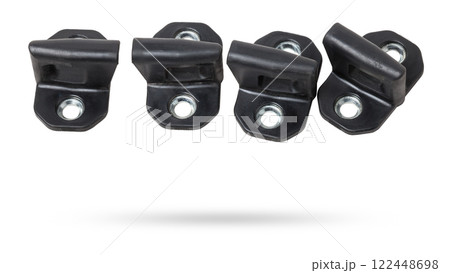 Spare part and body element hinge of a door lock from a car on a white isolated background. Auto service industry. Spare part and body element hinge of a door lock from a car on a white isolated background. Auto service industry. 122448698