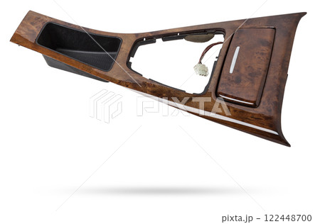 Wooden lining of a car gearbox selector on a white isolated background. 122448700