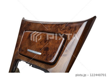 Wooden lining of a car gearbox selector on a white isolated background. 122448701
