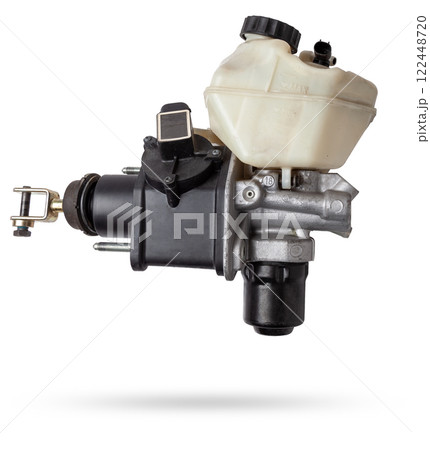 Black metal vacuum brake booster for repair and replacement on a car in a workshop on a white isolated background. Spare parts catalog for cars. Black metal vacuum brake booster for repair and replacement on a car in a workshop on a white isolated background. Spare parts catalog for cars. 122448720