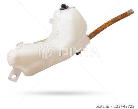 Coolant expansion tank white on an isolated background with black details. A unit of a liquid cooling system for internal combustion engines, a capacity of a special design. Coolant expansion tank white on an isolated background with black details. A unit of a liquid cooling system for internal combustion engines, a capacity of a special design. 122448722