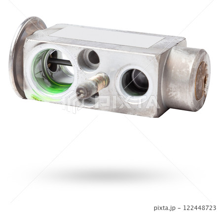 Car air conditioner valve for adjusting the pressure in the climate control system on a white isolated background. Spare parts catalog. Car air conditioner valve for adjusting the pressure in the climate control system on a white isolated background. Spare parts catalog. 122448723