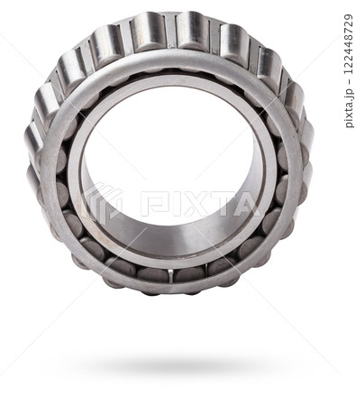 Shiny metal single row round roller bearing designed to absorb radial and one-sided axial loads of the vehicle. Sale of spare parts or repair in a workshop or car service. Shiny metal single row round roller bearing designed to absorb radial and one-sided axial loads of the vehicle. Sale of spare parts or repair in a workshop or car service. 122448729
