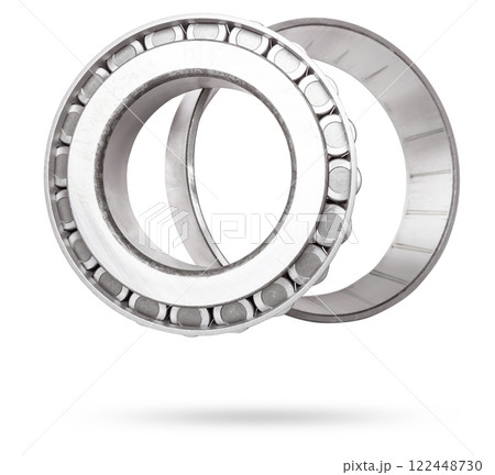 Shiny metal single row round roller bearing designed to absorb radial and one-sided axial loads of the vehicle. Sale of spare parts or repair in a workshop or car service. 122448730