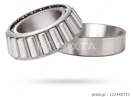 Shiny metal single row round roller bearing designed to absorb radial and one-sided axial loads of the vehicle. Sale of spare parts or repair in a workshop or car service. Shiny metal single row round roller bearing designed to absorb radial and one-sided axial loads of the vehicle. Sale of spare parts or repair in a workshop or car service. 122448733