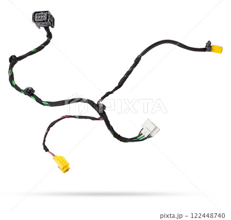 A cable of matted wires of different colors with connectors in the electrical wiring of the car. Internet line in the work of the provider. 122448740