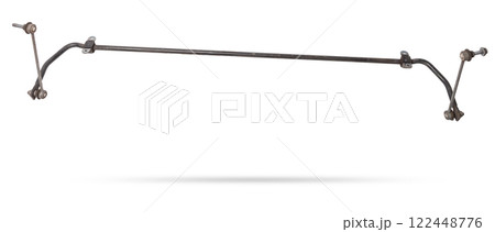 Metal anti-roll bar stabilizer - a device in vehicle suspension that serves to reduce lateral rolls in corners, it was used on a white isolated for installation or repair in workshop Metal anti-roll bar stabilizer - a device in vehicle suspension that serves to reduce lateral rolls in corners, it was used on a white isolated for installation or repair in workshop 122448776