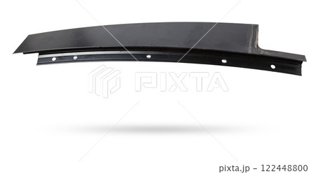 Black plastic molding with chrome for car side fender - tuning element for sale in a car service on a white isolated background in a photo studio. 122448800