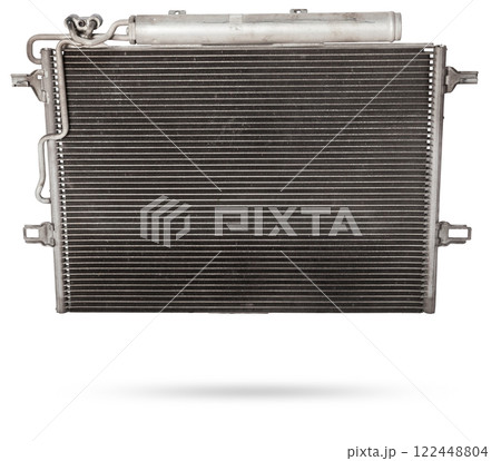Car radiator heater isolated on white background. Spare cooling system of internal combustion engine Car radiator heater isolated on white background. Spare cooling system of internal combustion engine 122448804