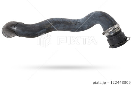 Black rubber hose of the car engine cooling system on a white isolated background in a photo studio for replacement during repair or for a catalog of spare parts for sale on auto disassembly. Black rubber hose of the car engine cooling system on a white isolated background in a photo studio for replacement during repair or for a catalog of spare parts for sale on auto disassembly. 122448809