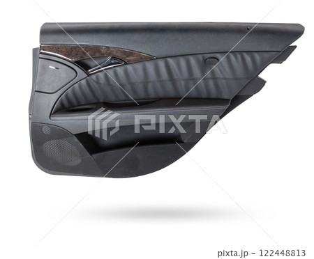 Car door trim with black fabric upholstery on a white isolated background for repair and replacement in a car service. Spare parts catalog. 122448813