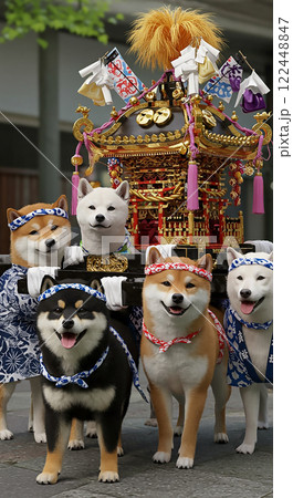 おみこしを担いでいる柴犬たち 122448847