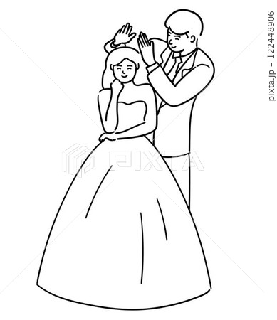Wedding day, groom is lovingly shielding the bride from the sun with his hand vector illustration 122448906