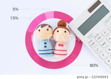割合グラフと若い夫婦と電卓 122448943