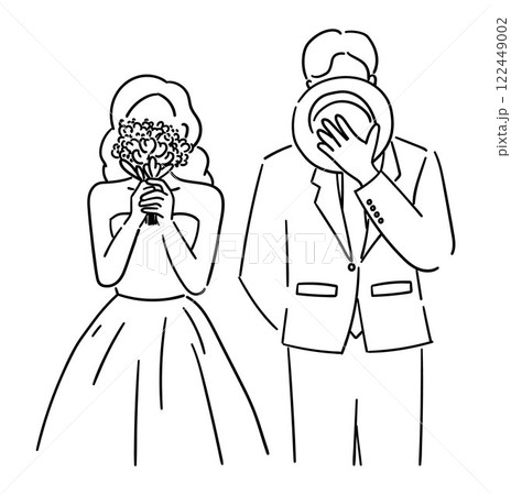 Cute wedding couple, bride and groom posing with bouquet and groom's hat, bride and groom vector illustration 122449002