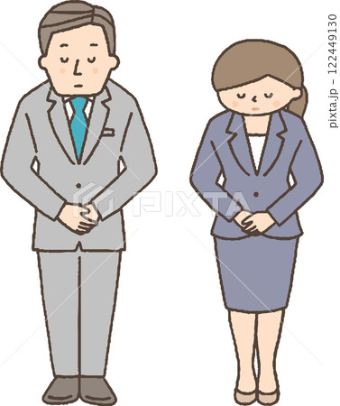 お辞儀をするスーツ姿の男女 122449130