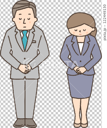 お辞儀をするスーツ姿の男女 122449130