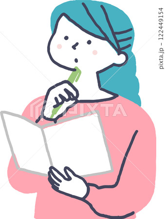 考え事をしながらノートをとる女性 考え事をしながらノートをとる女性 122449154