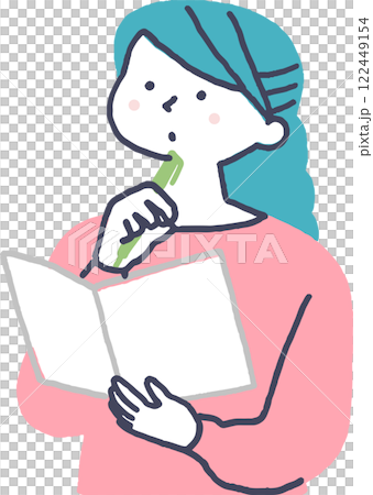 考え事をしながらノートをとる女性 考え事をしながらノートをとる女性 122449154