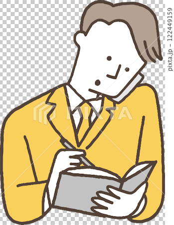 A man taking notes while talking on his smartphone. 122449159