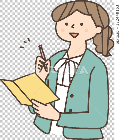 A woman thinking about something while taking notes A woman thinking about something while taking notes 122449163