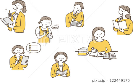 メモを取る色々な人物のイラストセット単色 122449170