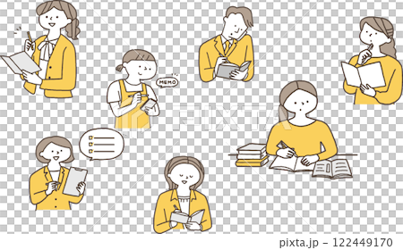 メモを取る色々な人物のイラストセット単色 122449170