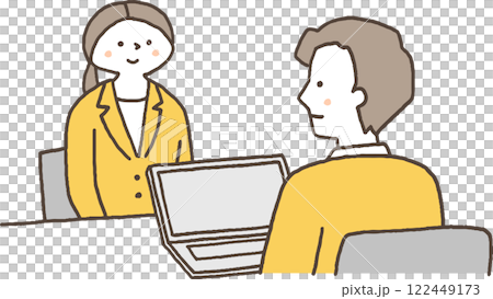 向かい合って会話するスーツ姿の男女単色 122449173