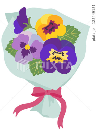 水色の包装紙で包まれたパンジーの花束 122449181