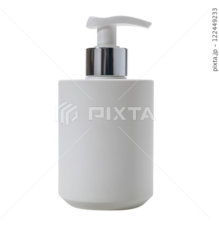 White plastic pump bottle designed specifically for cosmetic or personal care products isolated on white White plastic pump bottle designed specifically for cosmetic or personal care products isolated on white 122449233
