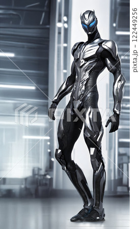 格納庫に立つパワードスーツを着たサイバーヒーロー 格納庫に立つパワードスーツを着たサイバーヒーロー 122449256