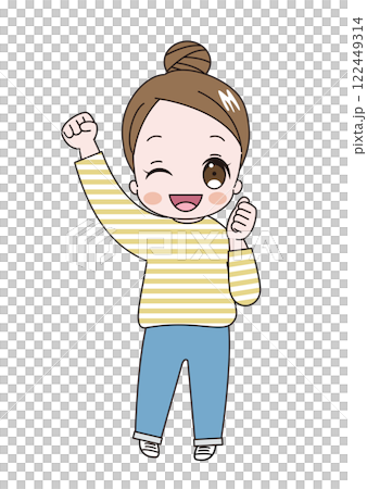 An illustration of a young cute woman wearing a striped shirt with her hair in a bun, happily posing with her fist in the air An illustration of a young cute woman wearing a striped shirt with her hair in a bun, happily posing with her fist in the air 122449314