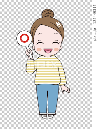 Illustration of a young cute woman wearing a striped shirt with her hair in a bun holding up a round placard Illustration of a young cute woman wearing a striped shirt with her hair in a bun holding up a round placard 122449315