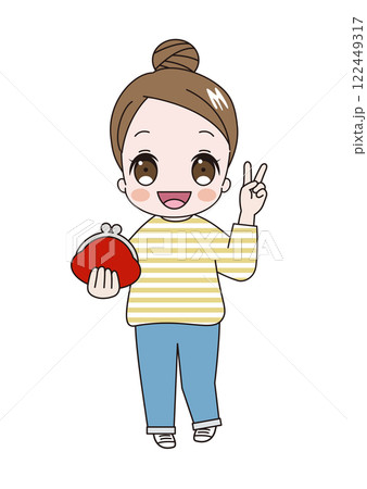 お財布をもってピースのおだんごヘアでボーダーシャツを着た若いかわいい女性のイラスト 122449317