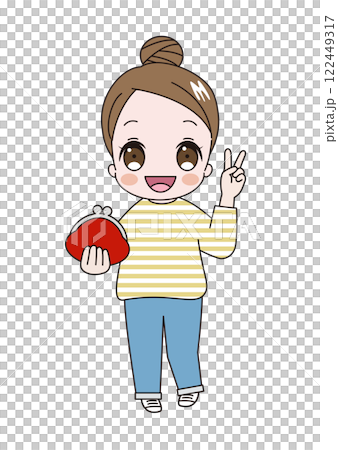 お財布をもってピースのおだんごヘアでボーダーシャツを着た若いかわいい女性のイラスト 122449317