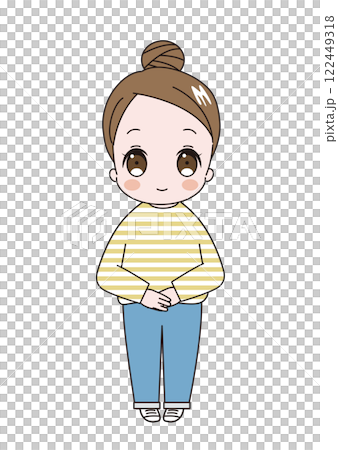 An illustration of a young cute woman wearing a striped shirt with her hair in a bun, standing facing forward and smiling An illustration of a young cute woman wearing a striped shirt with her hair in a bun, standing facing forward and smiling 122449318