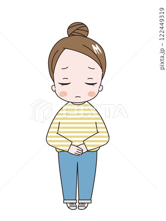 悲しそうな顔で謝っているおだんごヘアでボーダーシャツを着た若いかわいい女性のイラスト 悲しそうな顔で謝っているおだんごヘアでボーダーシャツを着た若いかわいい女性のイラスト 122449319