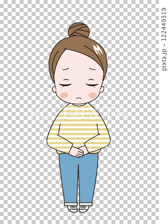 一位年輕可愛的女子穿著條紋襯衫,梳著髮髻,滿臉悲傷地道歉 一位年輕可愛的女子穿著條紋襯衫,梳著髮髻,滿臉悲傷地道歉 122449319