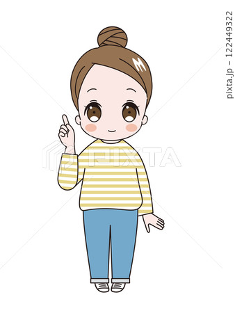指差しポーズで笑顔のおだんごヘアでボーダーシャツを着た若いかわいい女性のイラスト 指差しポーズで笑顔のおだんごヘアでボーダーシャツを着た若いかわいい女性のイラスト 122449322